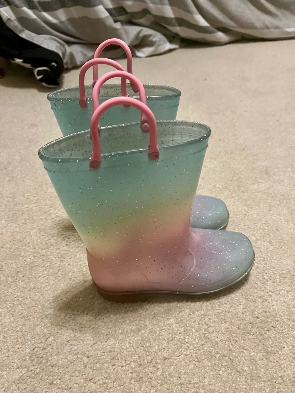 Cat & Jack Pastel Rainbow Glitter Kids Rain Boots with Pink Handles